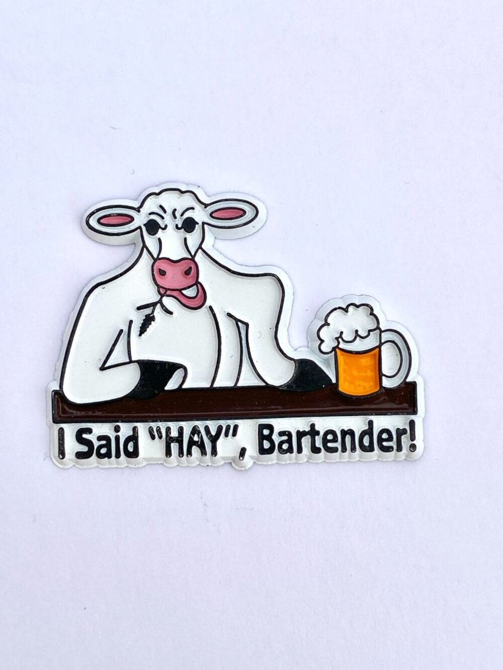 Vintage Refrigerator Magnet  I Said "Hay", Bartender! Cow Drinking Beer Rubber